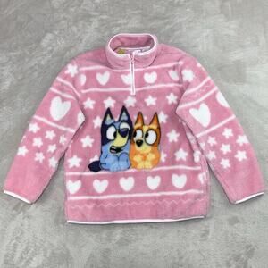 Bluey Sherpa Quarter Zip Sweater Girls Large 10/12 Pink Hearts Bingo Cozy Soft